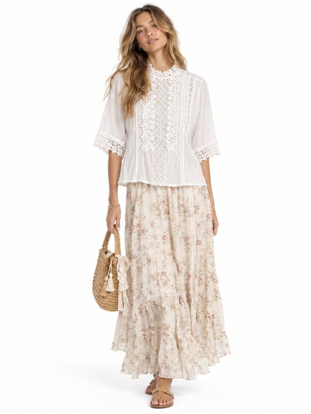 Favlux Cotton Gauze Floral Lace Crochet Pintuck Blouse Cottagecore Top